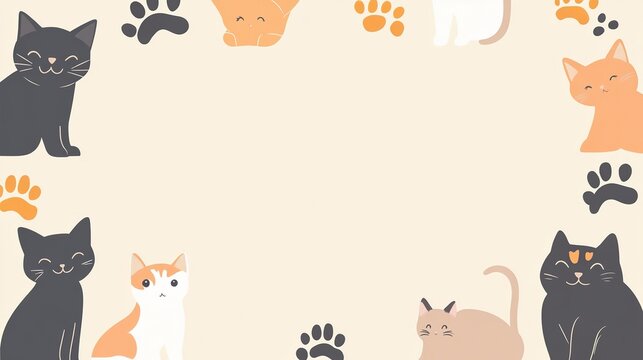 Beige cream background with cats and paw prints around the frame, center left blank for pet event poster.