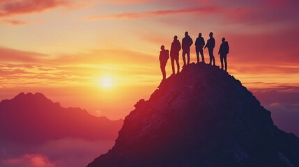 Business team standing on a mountain peak at sunrise, symbolizing overcoming challenges and achieving goals.