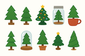 Fototapeta premium Flat Coloring Small Christmas Tree Icons, Miniature Holiday Set