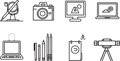 Creative tools and technology icons camera laptop