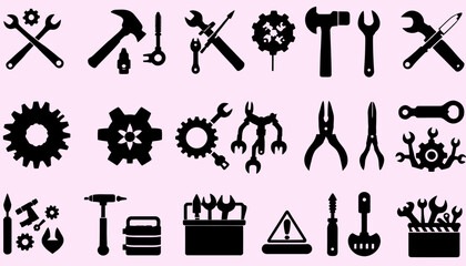 Collection of black silhouette icons representing various tools and mechanical parts, including wrenches, hammers, gears, and pliers, on a light pink background.