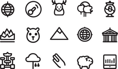 Globe compass reindeer trees jar mountains bear triangle building drum rain hand sheep tablet