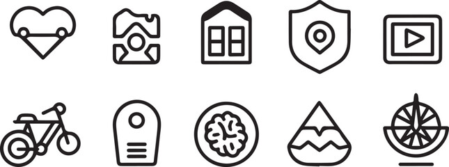 Heart shape with pin map marker house shield video play button bicycle door tag brain mountain compass