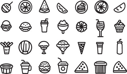 Various food and drink icons including fruits burgers and desserts vector