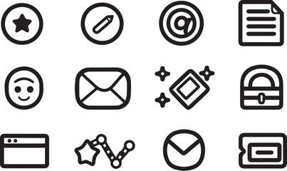 Various icons including star pencil at symbol document envelope smiley face lock and ticket