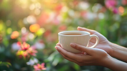 A cup of hot beverage held in hands amidst blooming flowers.