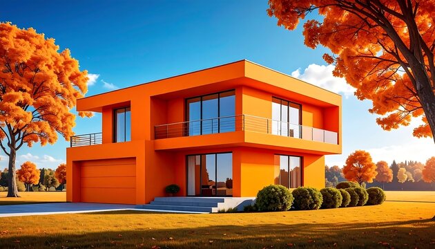 Modern orange house in autumn landscape
