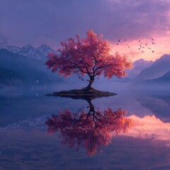 A solitary pink tree on a tranquil lake at dawn