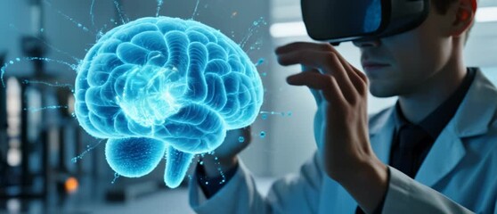 Scientist Interacting with 3D Brain Model in Virtual Reality Lab - Powered by Adobe