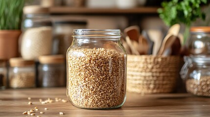 Light brown grains in a clear glass jar.