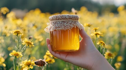 Honey jar held in hand amidst a field of flowers.