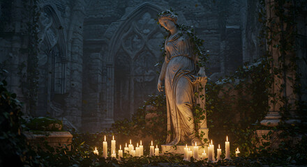  Classical Marble Statue in Overgrown Ruins with Candles