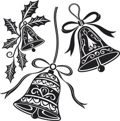 christmas holiday bells with holly leaves and ribbons