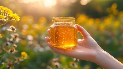 Honey jar held in a hand outdoors.