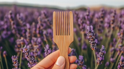 Wooden utensil held against a field of lavender.
