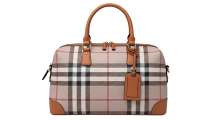 Luxury fashion handbag with plaid pattern and leather handles isolated on white background