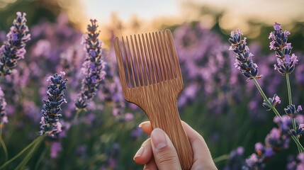 Wooden hair comb held against a backdrop of lavender blossoms.