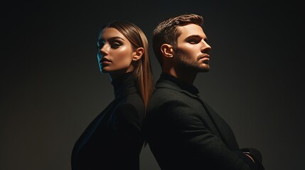 Man and woman standing back-to-back in high fashion clothing, dramatic studio lighting with minimal background.