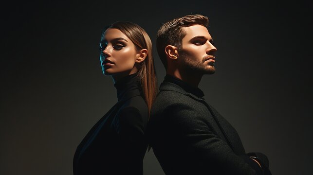 Man and woman standing back-to-back in high fashion clothing, dramatic studio lighting with minimal background.