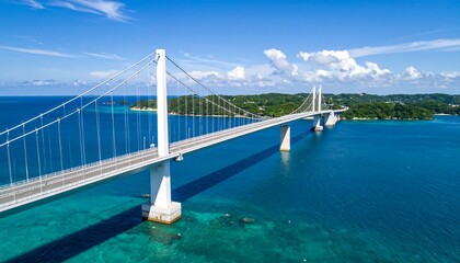 Stunning aerial view of a modern cable-stayed bridge spanning a turquoise sea
