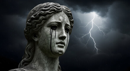 Cracked Stone Statue Crying Black Tears in Thunderstorm