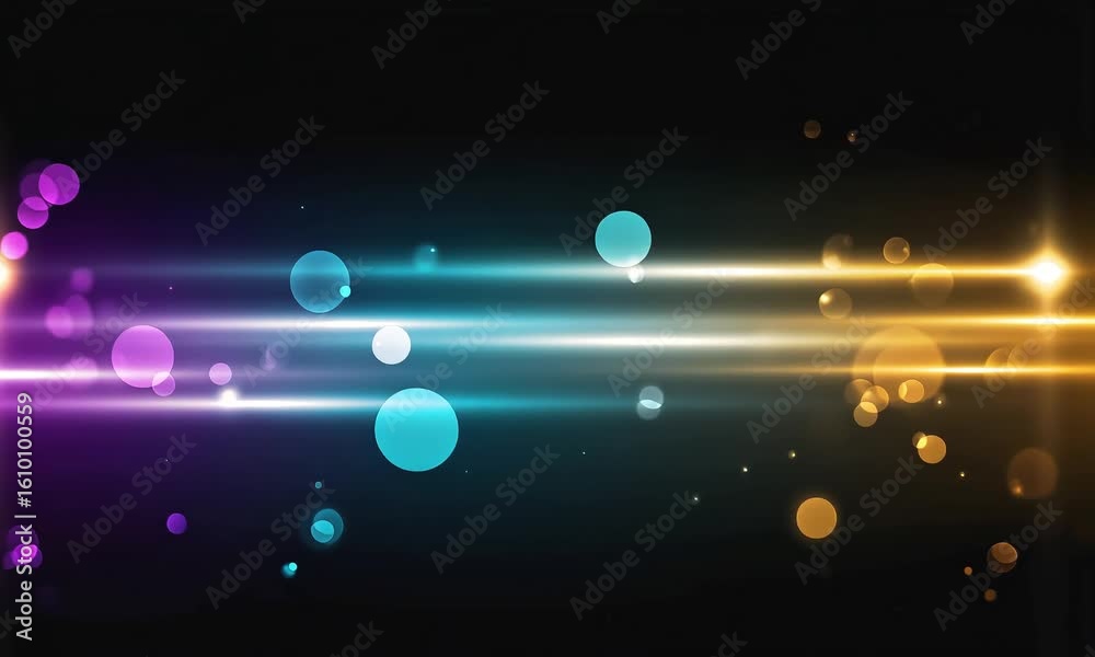 Poster abstract background with horizontal light streaks and floating bokeh circles in vibrant colors