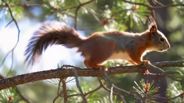 Red Squirrel Perched on Pine Tree Branch