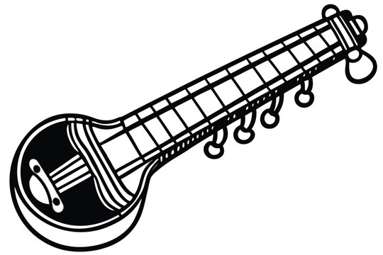 Silhouette of an ektara on a white background with musical elements