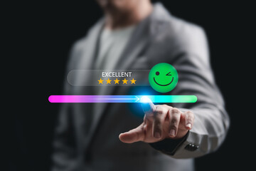 Customer satisfaction with the product concept, Businessman touch on the top score satisfaction service and product, Feedback smile face icon, Quality, Rating, Digital experience online management