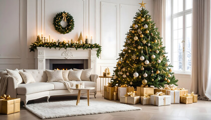 Elegant Christmas Living Room with Gold and White Tree.