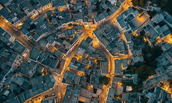 Aerial view of a densely packed european town at night with illuminated streets and dark rooftops