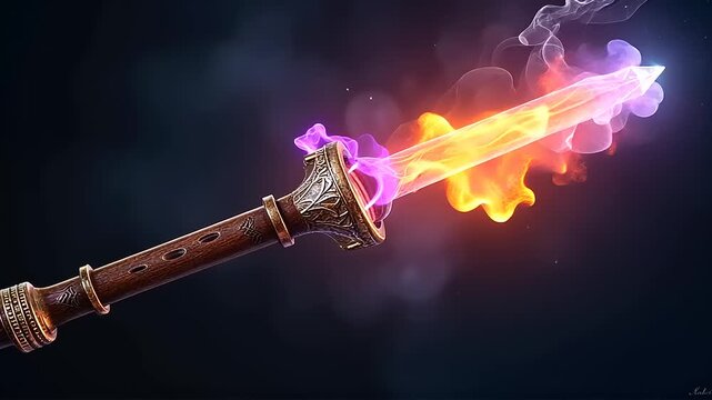 Mystical staff with glowing energy blade animation, fantasy weapon concept video
