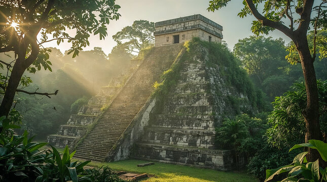 An ancient Mayan pyramid, El Castillo at Chichen Itza, bathed in golden sunlight and mist, surrounded by lush jungle foliage.