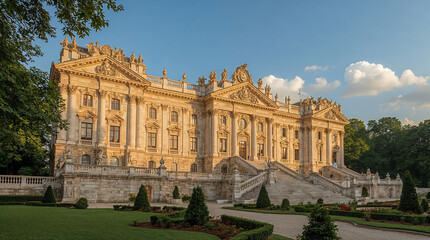 Naklejka premium A grand, ornate palace with a wide staircase and manicured gardens, bathed in the warm glow of late afternoon sun under a blue sky with scattered clouds.