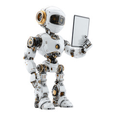 Naklejka premium Friendly Robot Holding Tablet in Modern Background