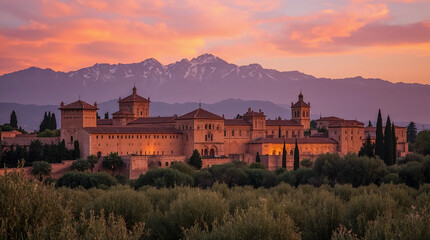 Naklejka premium Majestic monastery bathed in the warm glow of a sunset, with snow-capped mountains forming a dramatic backdrop under a vibrant, cloudy sky.