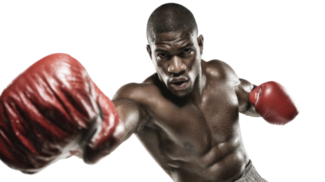 Boxer delivers punch with red gloves on transparent background.