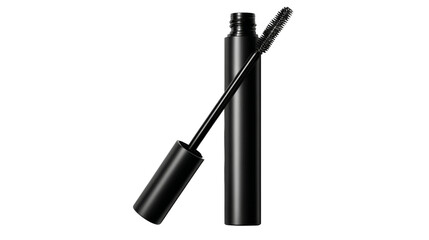 Black mascara tube lies with brush.