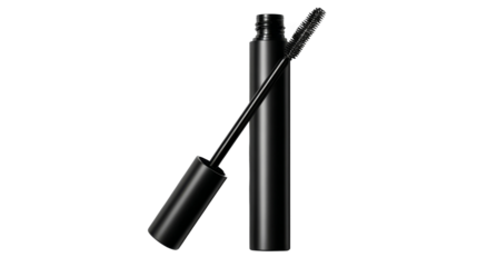 Black mascara tube lies with brush.