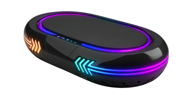 Black futuristic device illuminates with neon arrows and stripe.