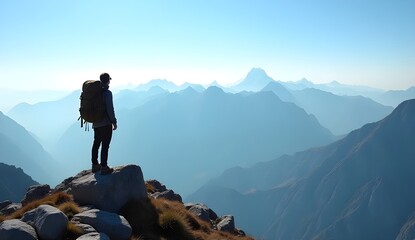 High-Altitude Hiker: Sharp-Focus Summit Scene in Natural Light