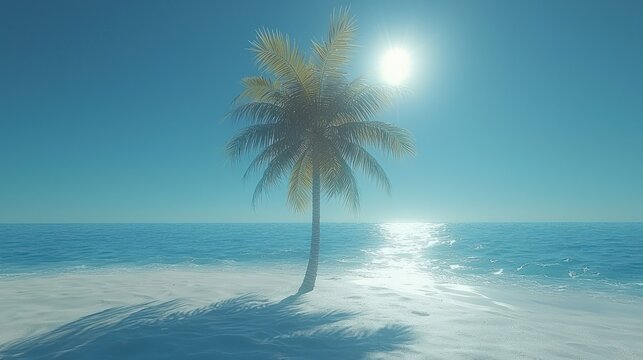 Lone palm on sand, ocean and sun, bright - Powered by Adobe
