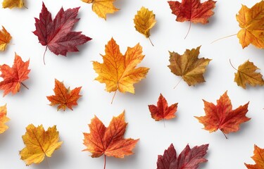 Autumn leaves scattered on white background