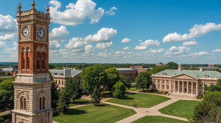 An aerial view of a university campus on a sunny day, featuring a prominent clock tower and classical architecture, surrounded by lush green lawns and trees.