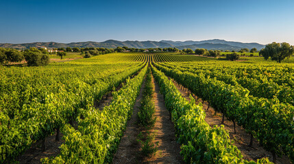 Grape farm: An idyllic scene unfolds across rolling hills of vibrant green vineyards under a clear, azure sky, showcasing the serene beauty of agricultural cultivation.