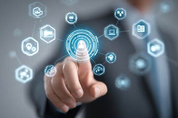 Modern businessman interacting with futuristic digital interface, innovation concept
