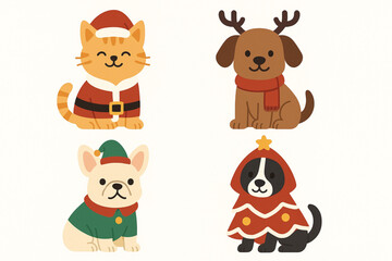 Flat Vector Pets in Christmas Costumes, Festive Holiday Animals Set