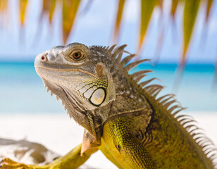 Colorful Portrait of Green Iguana in Palm Tree on Beach in Florida 114