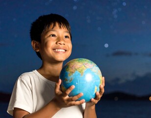 dreaming child holding a globe under a starlit sky