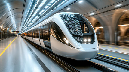 Fototapeta premium Futuristic high speed transit train underground tunnel, showcasing sleek design and advanced
